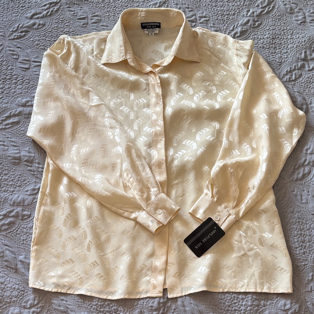Vintage Pure Silk Champagne Blouse Art Deco Jacquard Button Front 14 Old Money - Picture 9 of 13